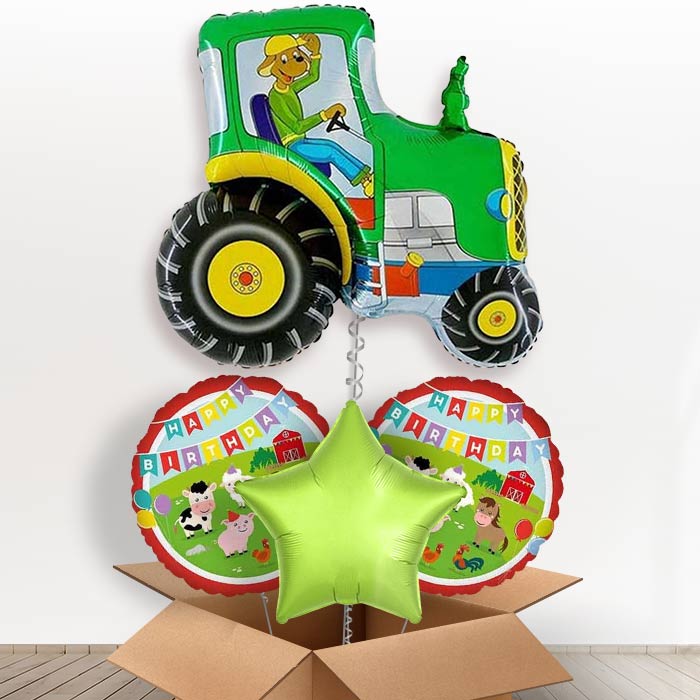 Giant Tractor Helium Balloons in a Box Gift-1 x Giant Balloon and 2 Themed Balloons and 1 Plain Balloon 