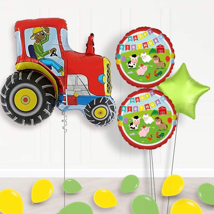 Red Tractor Shaped Balloon Bouquet Delivery-Giant Balloon + 2 Themed Balloons + 1 Plain Balloon + Mini Balloons 