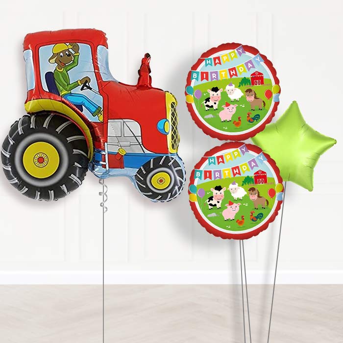 Red Tractor Shaped Balloon Bouquet Delivery-Giant Balloon + 2 Themed Balloons + 1 Plain Balloon 