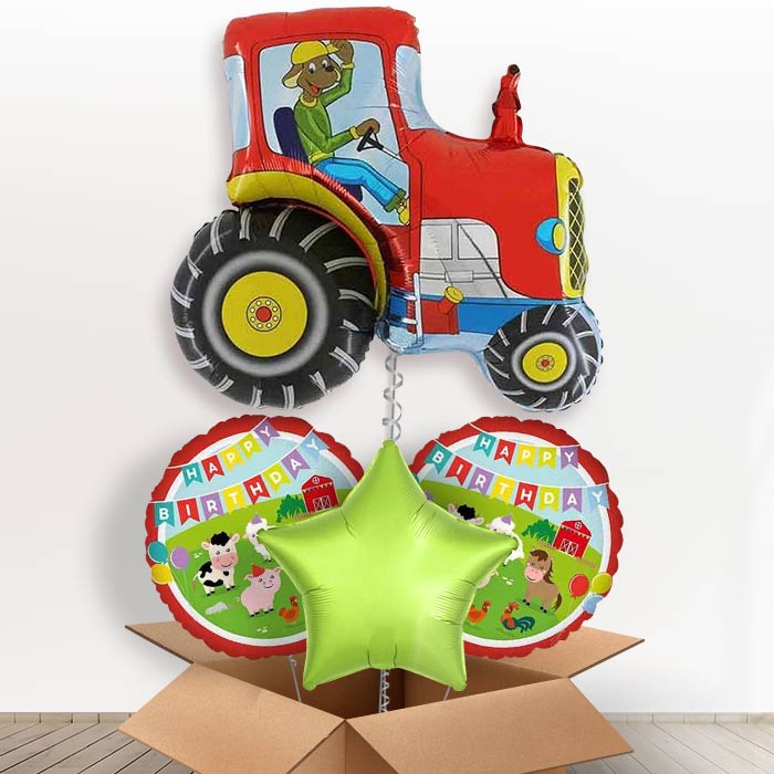 Red Tractor Shaped Helium Balloon in a Box-1 x Giant Balloon and 2 Themed Balloons and 1 Plain Balloon 