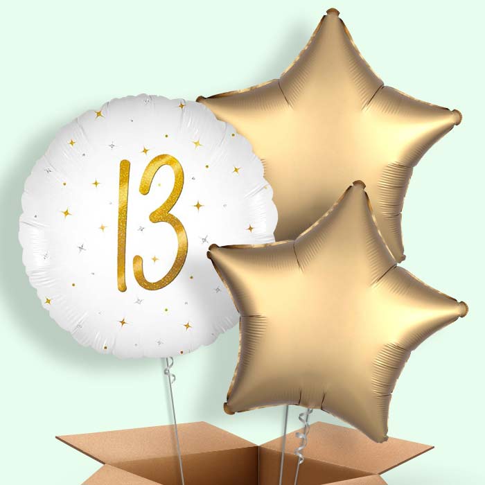 White and Gold 13th Birthday Helium Balloons Delivered - 3 Balloons | Party Save Smile