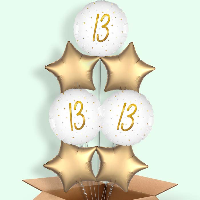 White and Gold 13th Birthday Helium Balloons Delivered - 7 Balloons | Party Save Smile