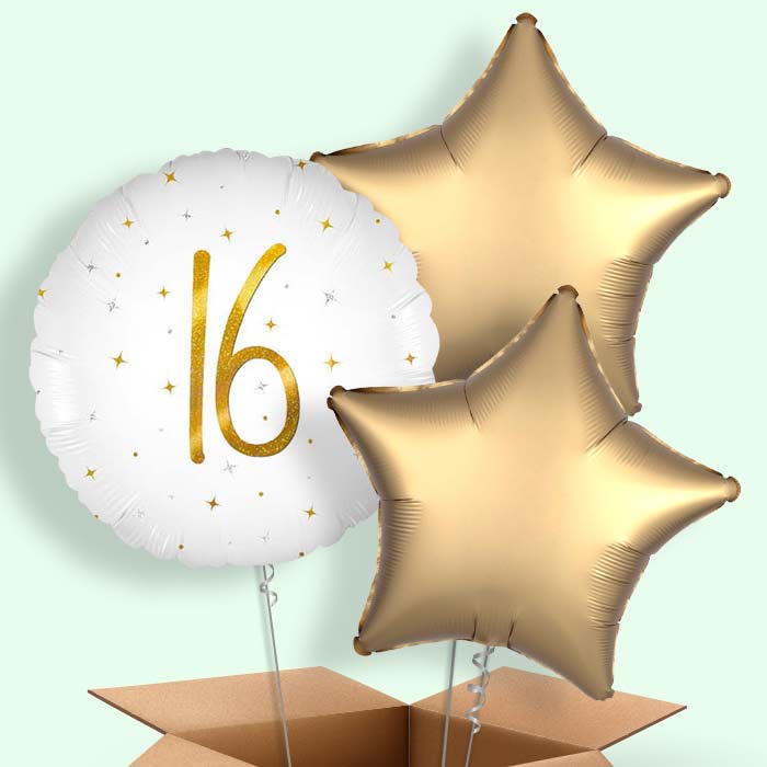 White and Gold 16th Birthday Helium Balloons Delivered - 3 Balloons | Party Save Smile