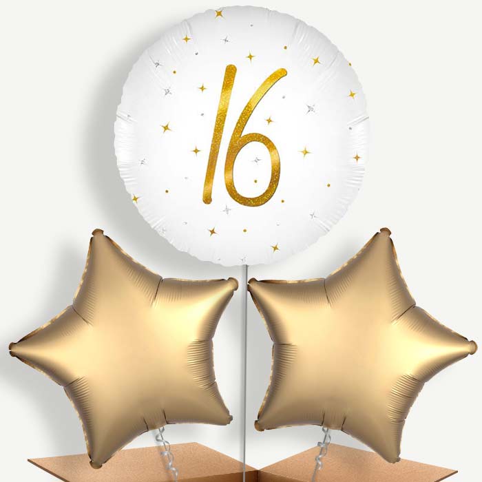 White and Gold 16th Birthday Bunch of Balloons (Trio) | Party Save Smile