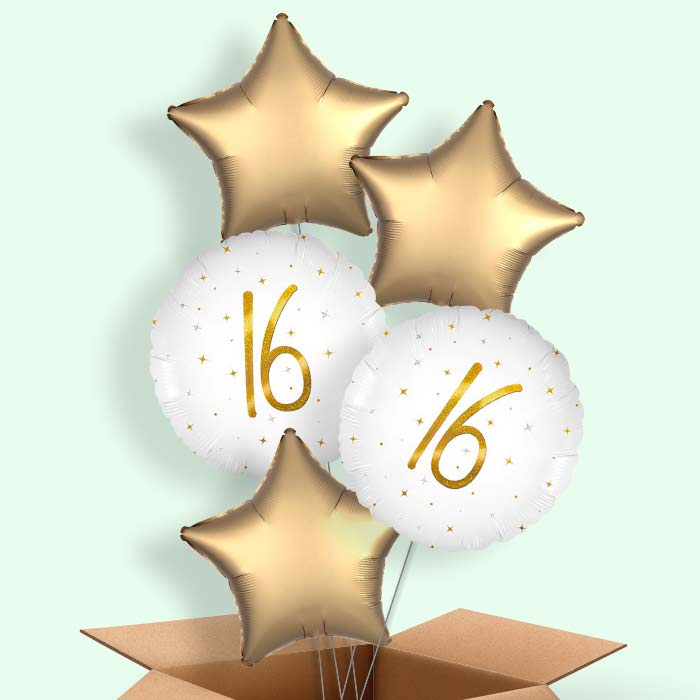 White and Gold 16th Birthday Helium Balloons Delivered - 5 Balloons | Party Save Smile