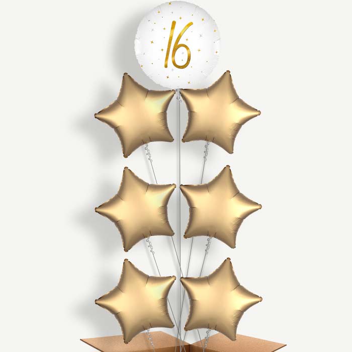 White and Gold 16th Birthday 7 Helium Balloon Arrangement | Party Save Smile