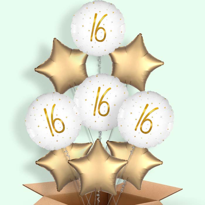 White and Gold 16th Birthday Helium Balloons Delivered - 9 Balloons | Party Save Smile
