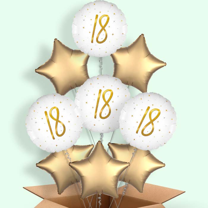 White and Gold 18th Birthday Helium Balloons Delivered - 9 Balloons | Party Save Smile