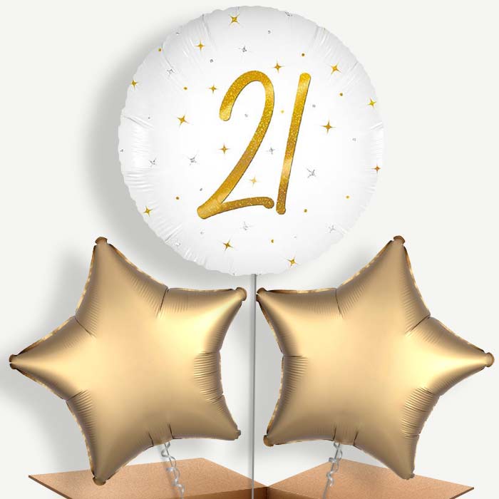 White and Gold 21st Birthday Bunch of Balloons (Trio) | Party Save Smile