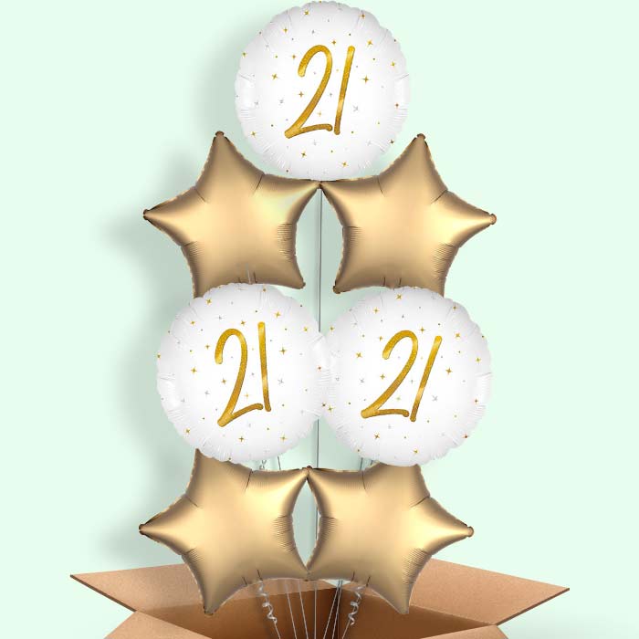 White and Gold 21st Birthday Helium Balloons Delivered - 7 Balloons | Party Save Smile