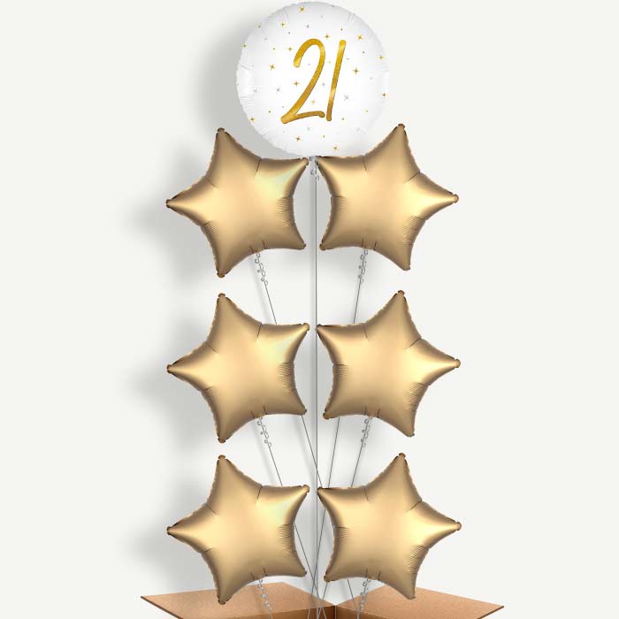 White and Gold 21st Birthday 7 Helium Balloon Arrangement | Party Save Smile