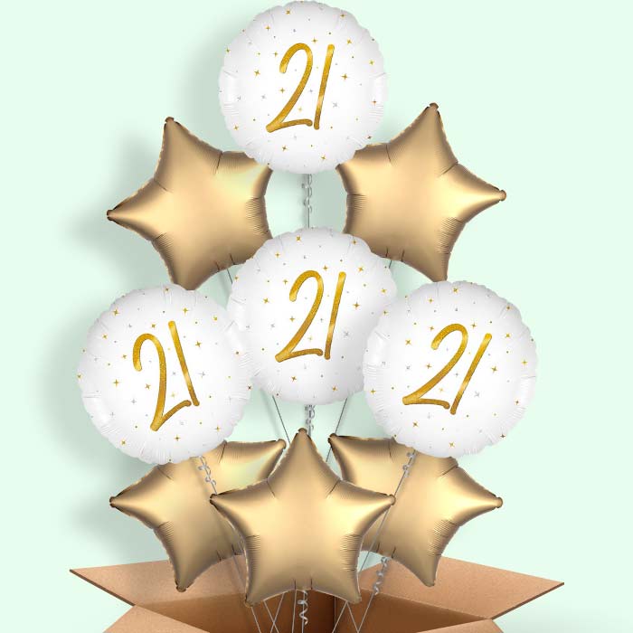 White and Gold 21st Birthday Helium Balloons Delivered - 9 Balloons | Party Save Smile