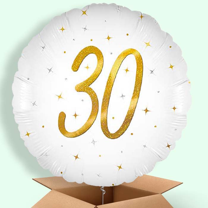 White and Gold 30th Birthday Helium Balloons Delivered - 1 Balloon | Party Save Smile