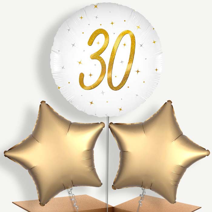 White and Gold 30th Birthday Bunch of Balloons (Trio) | Party Save Smile