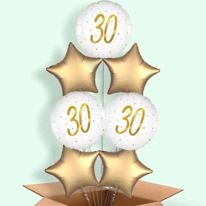 White and Gold 30th Birthday Helium Balloons Delivered - 7 Balloons | Party Save Smile