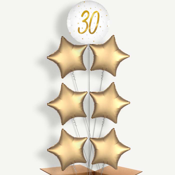 White and Gold 30th Birthday 7 Helium Balloon Arrangement | Party Save Smile