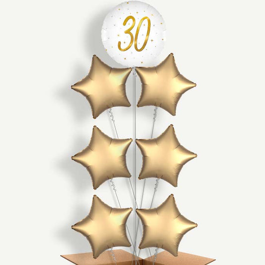 White and Gold 30th Birthday 7 Helium Balloon Arrangement | Party Save Smile