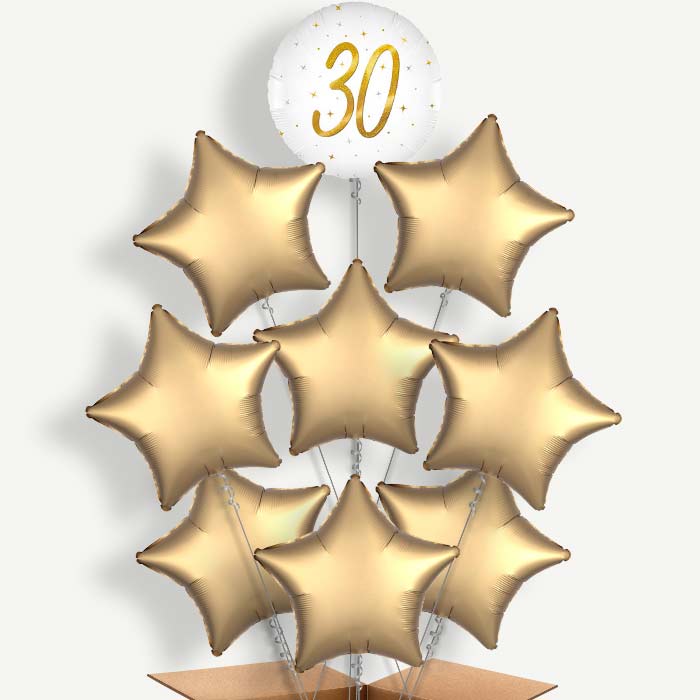 White and Gold 30th Birthday 9 Helium Balloon Bundle | Party Save Smile
