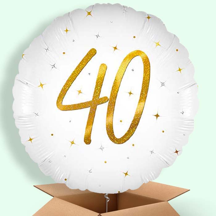 White and Gold 40th Birthday Helium Balloons Delivered - 1 Balloon | Party Save Smile