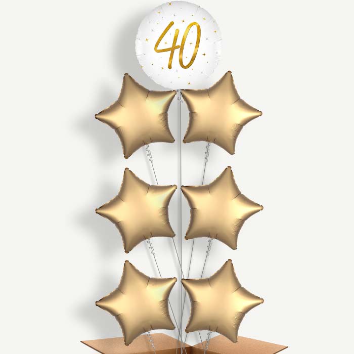 White and Gold 40th Birthday 7 Helium Balloon Arrangement | Party Save Smile