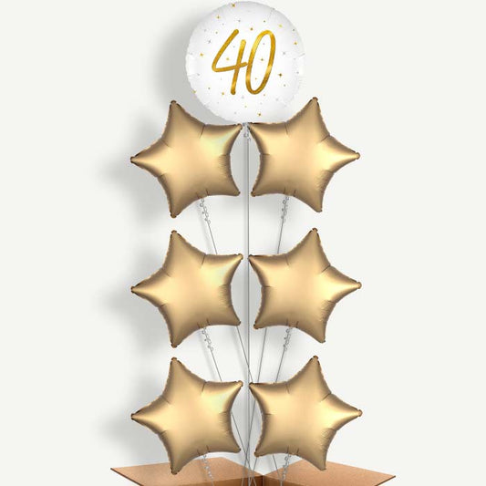 White and Gold 40th Birthday 7 Helium Balloon Arrangement | Party Save Smile