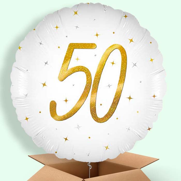 White and Gold 50th Birthday Helium Balloons Delivered - 1 Balloon | Party Save Smile