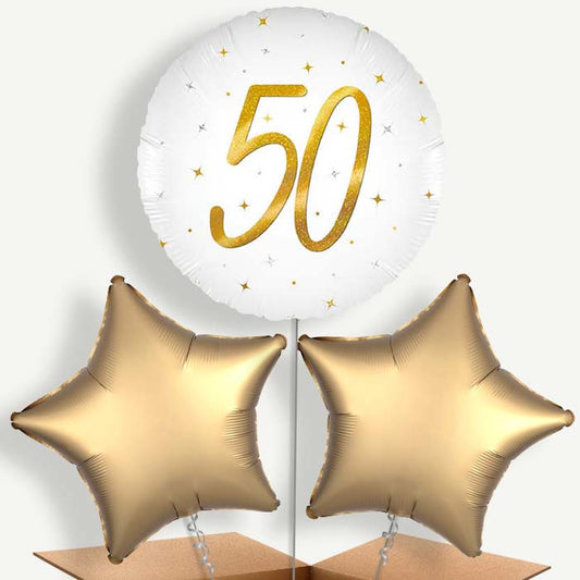 White and Gold 50th Birthday Bunch of Balloons (Trio) | Party Save Smile