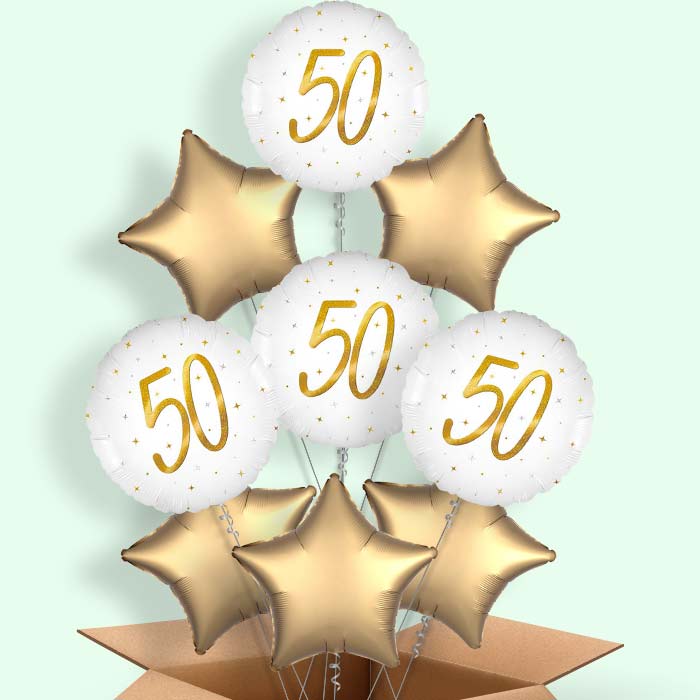 White and Gold 50th Birthday Helium Balloons Delivered - 9 Balloons | Party Save Smile