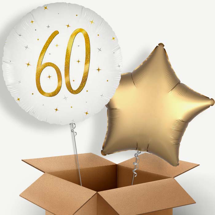 White and Gold 60th Birthday Helium Balloon Two | Party Save Smile