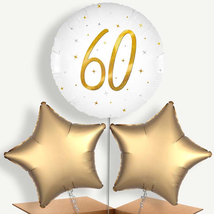 White and Gold 60th Birthday Bunch of Balloons (Trio) | Party Save Smile