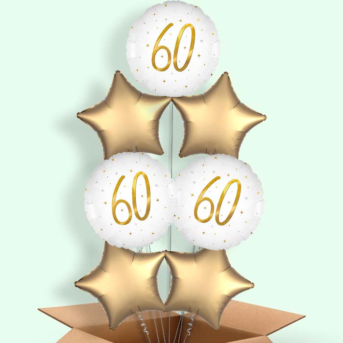 White and Gold 60th Birthday Helium Balloons Delivered - 7 Balloons | Party Save Smile