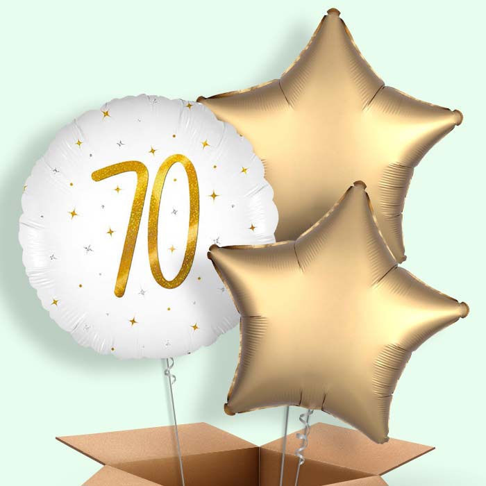 White and Gold 70th Birthday Helium Balloons Delivered - 3 Balloons | Party Save Smile