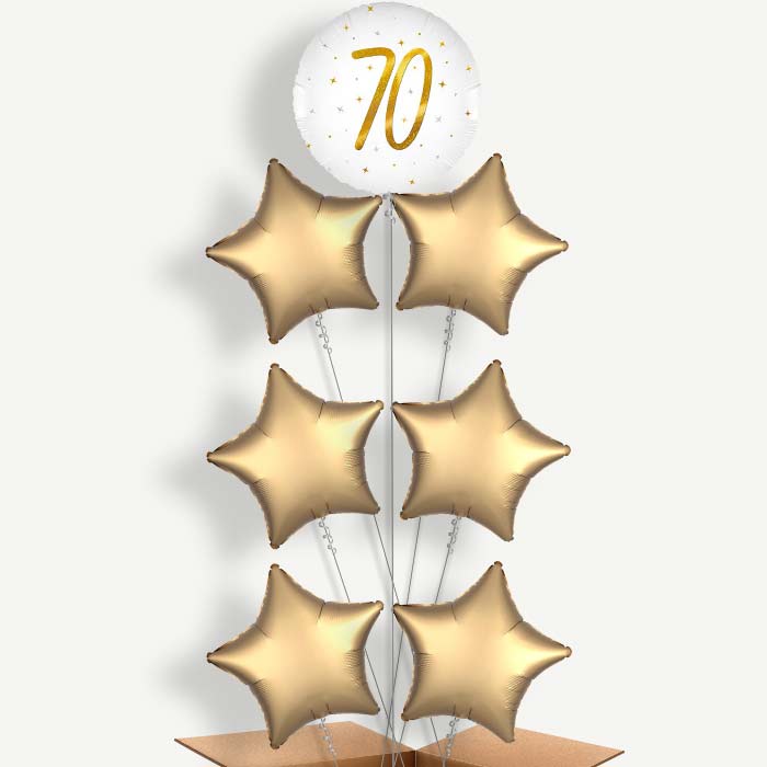 White and Gold 70th Birthday 7 Helium Balloon Arrangement | Party Save Smile