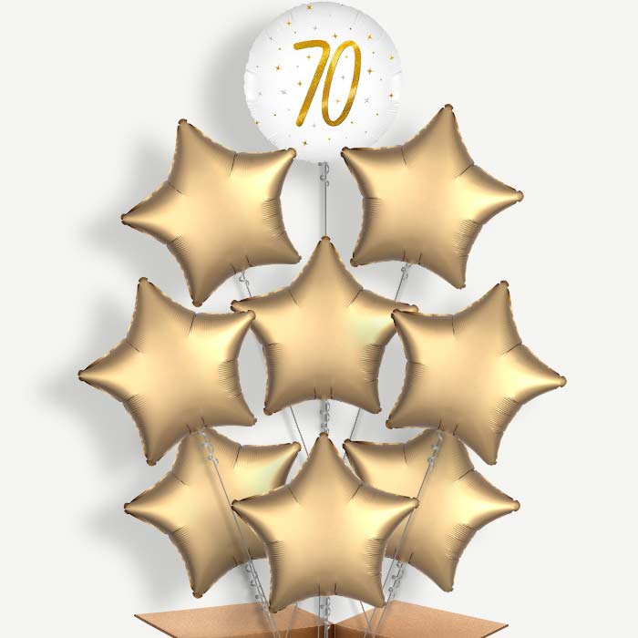White and Gold 70th Birthday 9 Helium Balloon Bundle | Party Save Smile