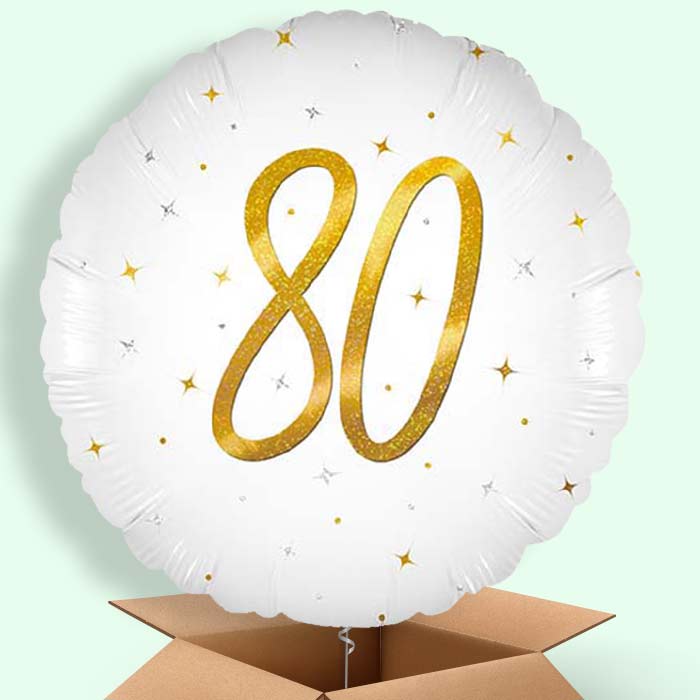 White and Gold 80th Birthday Helium Balloons Delivered - 1 Balloon | Party Save Smile