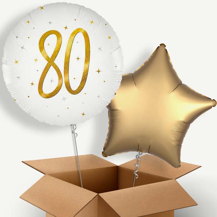 White and Gold 80th Birthday Helium Balloon Two | Party Save Smile