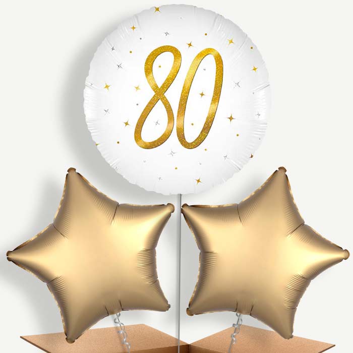 White and Gold 80th Birthday Bunch of Balloons (Trio) | Party Save Smile