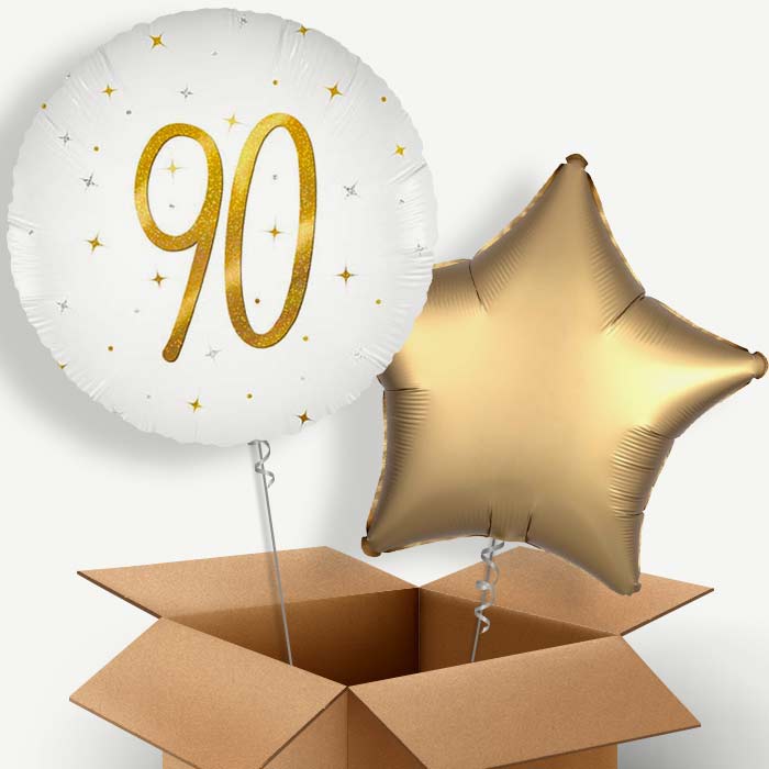 White and Gold 90th Birthday Helium Balloon Two | Party Save Smile