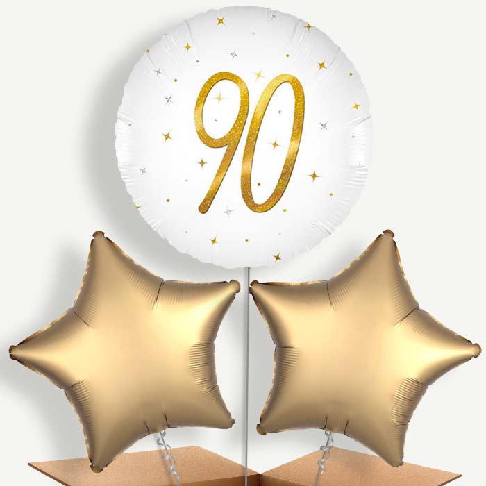 White and Gold 90th Birthday Bunch of Balloons (Trio) | Party Save Smile