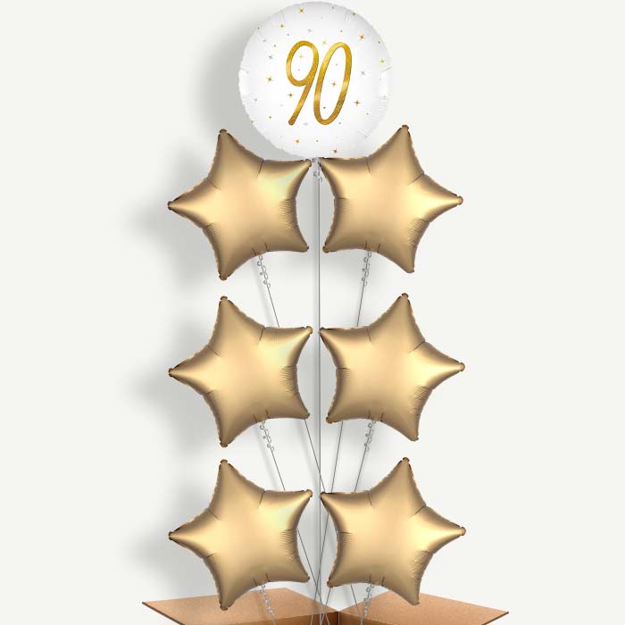 White and Gold 90th Birthday 7 Helium Balloon Arrangement | Party Save Smile