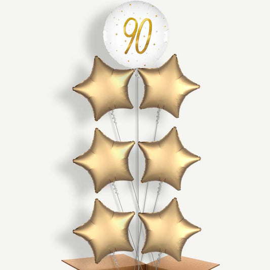 White and Gold 90th Birthday 7 Helium Balloon Arrangement | Party Save Smile