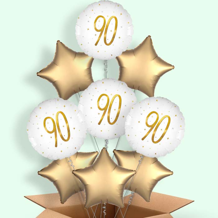 White and Gold 90th Birthday Helium Balloons Delivered - 9 Balloons | Party Save Smile