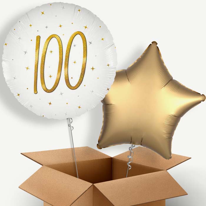 White and Gold 100th Birthday Helium Balloon Two | Party Save Smile
