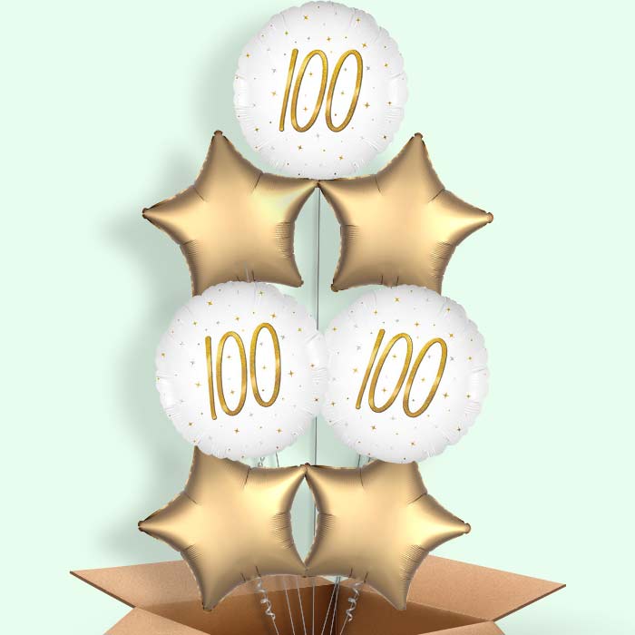 White and Gold 100th Birthday Helium Balloons Delivered - 7 Balloons | Party Save Smile