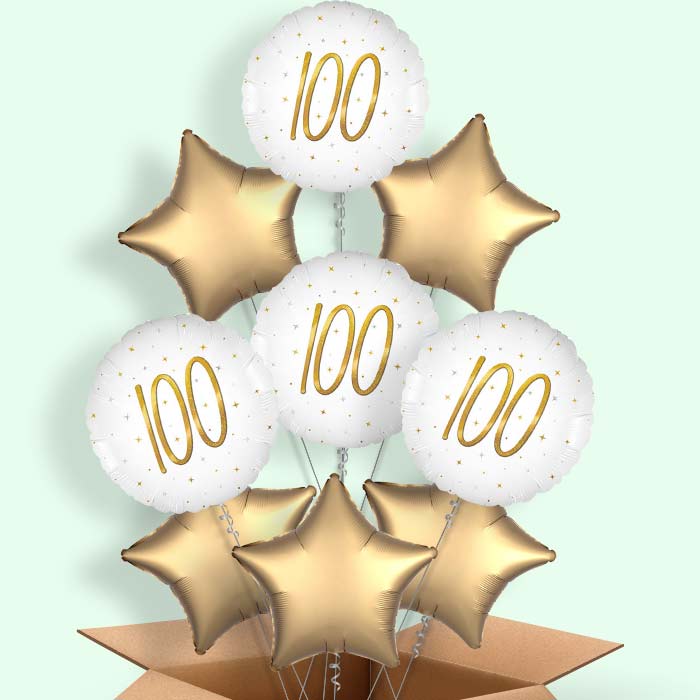 White and Gold 100th Birthday Helium Balloons Delivered - 9 Balloons | Party Save Smile