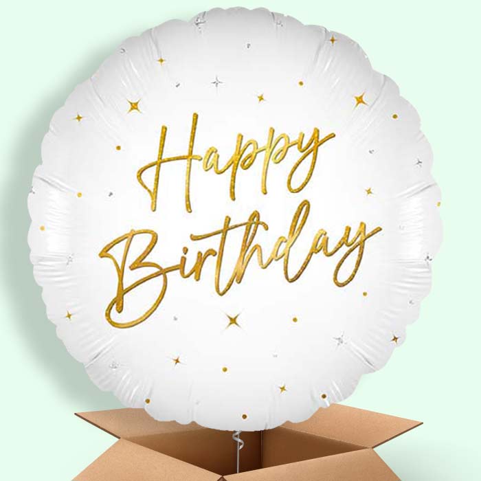 White and Gold Happy Birthday Helium Balloons Delivered - 1 Balloon | Party Save Smile