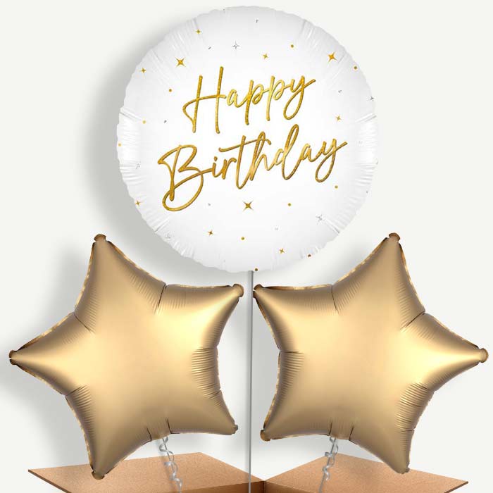 White and Gold Happy Birthday Bunch of Balloons (Trio) | Party Save Smile