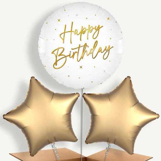 White and Gold Happy Birthday Bunch of Balloons (Trio) | Party Save Smile