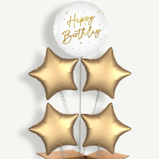 White and Gold Happy Birthday 5 Helium Cluster Balloons | Party Save Smile