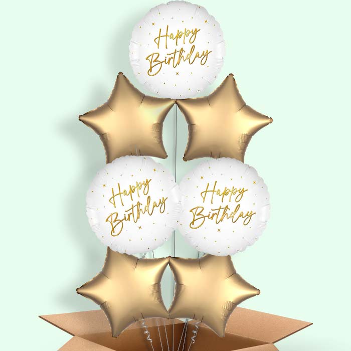 White and Gold Happy Birthday Helium Balloons Delivered - 7 Balloons | Party Save Smile
